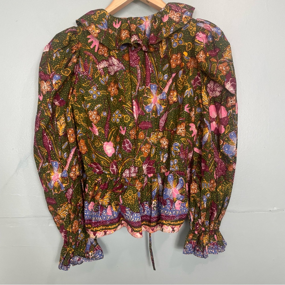 Ulla Johnson Willa Puff Sleeve Cotton Blouse Pine Green Floral Size 6 - Picture 9 of 11